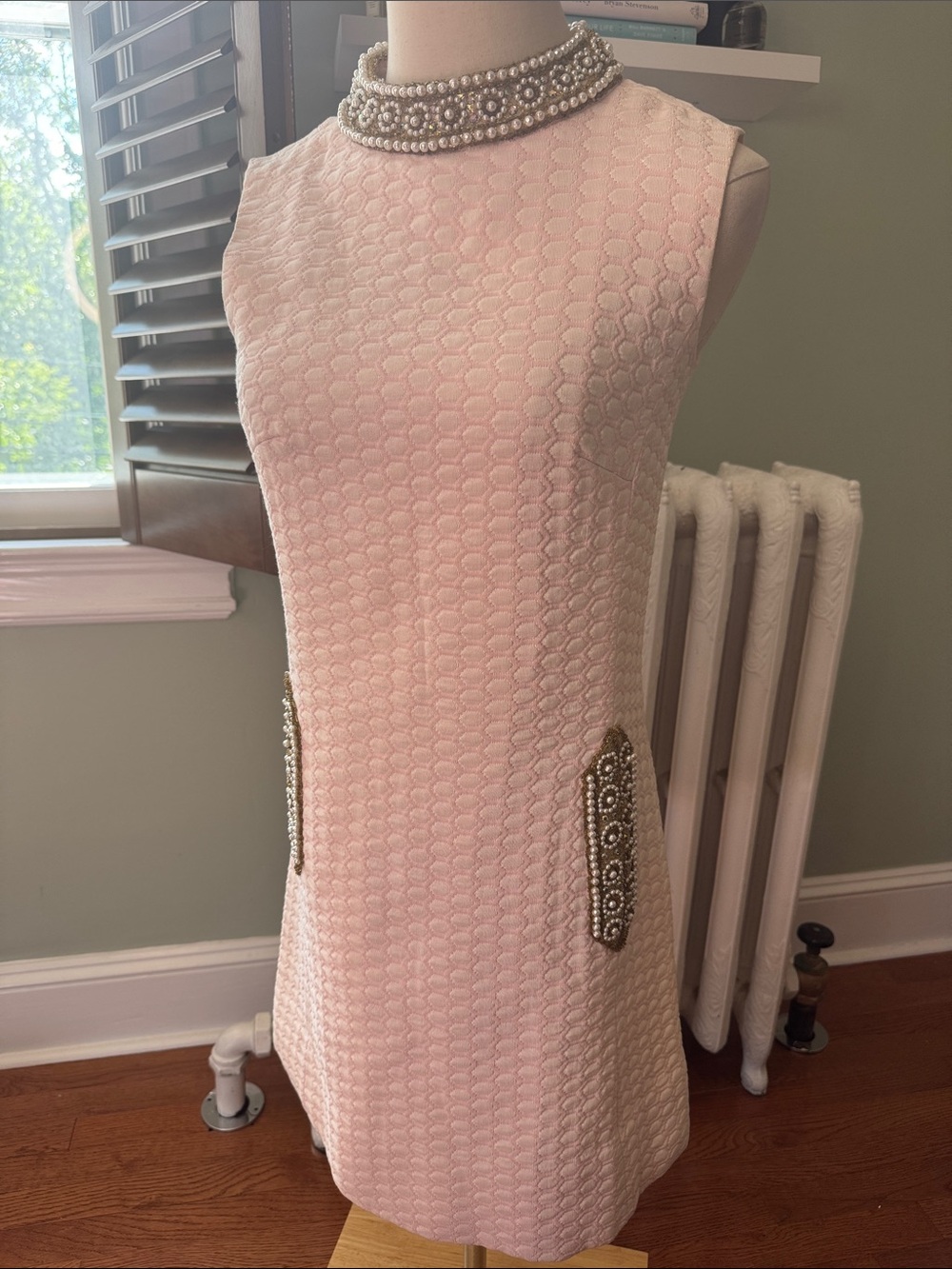 Vintage Victor Costa Pink Brocade Gold & Pearl-Trim 60s Shift Dress